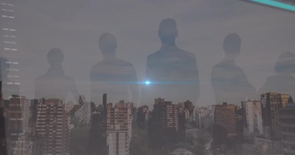 Animation People Silhouettes Light Data Cityscape Global Network Data Processing — Vídeos de Stock