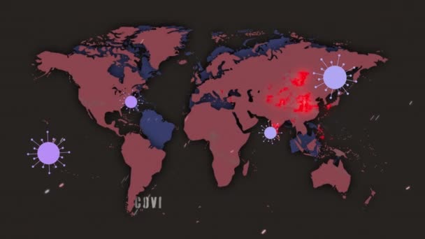 Animation Virus Cells World Map Black Background Health Covid Pandemic — 图库视频影像