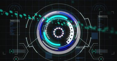 Siyah arkaplanı tarayan dijital arayüzün görüntüsü. Küresel bilim, bağlantılar, veri işleme ve dijital arayüz kavramı dijital olarak oluşturuldu.