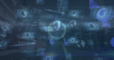 Şehir manzarası üzerinde veri işleme resmi. küresel iş ve dijital arayüz kavramı dijital olarak oluşturulmuş görüntü.