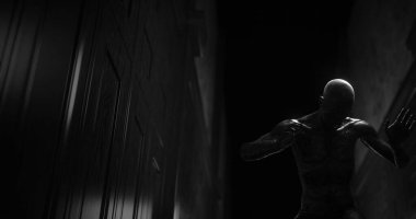 Karanlık tüneldeki canavar gibi sersemlemiş bir insan görüntüsü. Korku, korku, resim oyunları ve dijital olarak üretilen bilim kurgu konsepti.