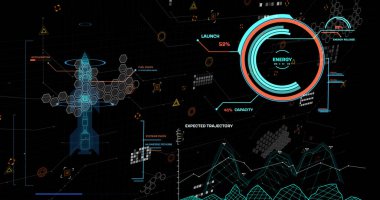 Image of digital data processing on dark background. Global science, finances, data processing and digital interface concept digitally generated image.