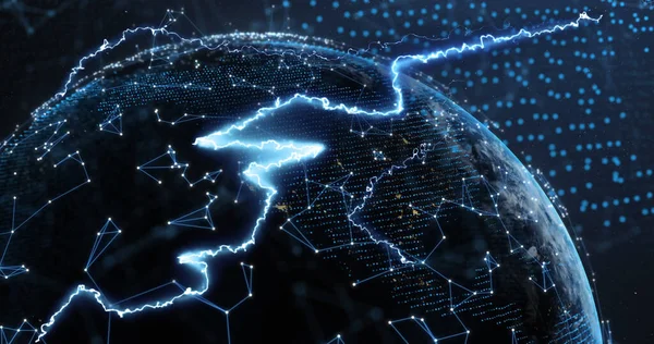 Image of spinning globe and network of connections on black background. global business, data processing, connections and digital interface concept digitally generated image.