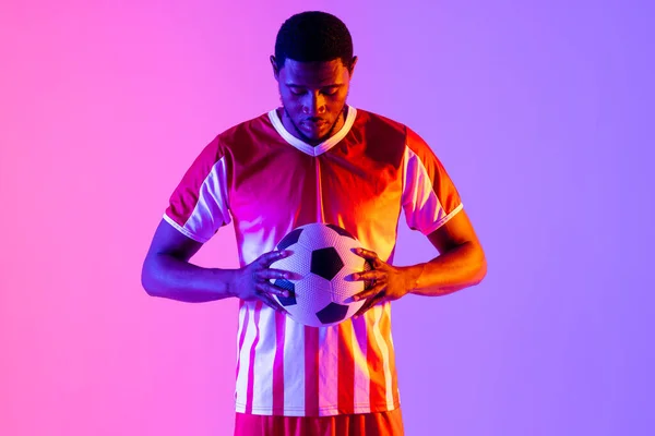 African American Male Soccer Player Football Neon Pink Lighting Sport — Photo