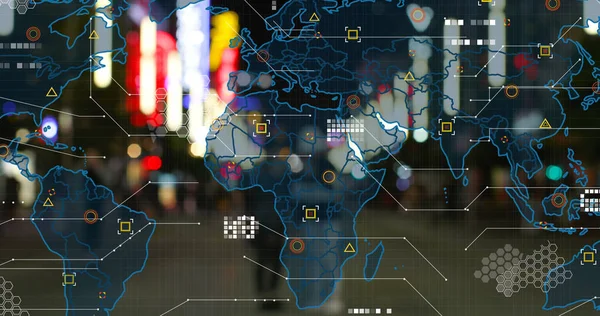 Image of world map with data processing over pedestrians on city street at night. Global communication, travel and digital interface concept digitally generated image.