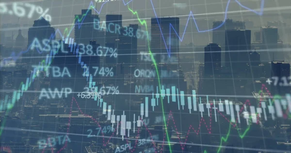 Image of financial graph and data processing over cityscape. Global business, finances, data processing and digital interface concept digitally generated image.