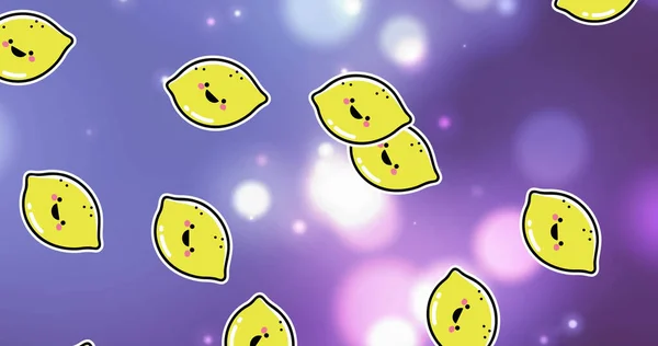 Зображення Лимона Повторюється Над Світлими Плямами Фіолетовому Фоні Природа Візерунок — стокове фото
