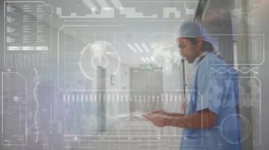 Animation of data processing over diverse surgeons in hospital. Medicine, healthcare and data processing concept digitally generated video.