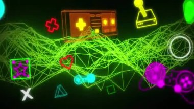 Siyah arkaplandaki oyun simgelerinin ve şekillerin canlandırılması. Küresel iş ve dijital arayüz kavramı dijital olarak oluşturulmuş video.