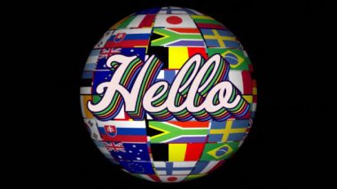 Animation of hello text over globe on dark background. World hello day concept digitally generated video.