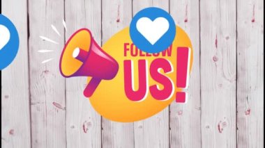 Medya simgelerinin animasyonu ve ahşap arka planda bizi takip edin. Sosyal medya ve dijital arayüz konsepti dijital olarak oluşturulmuş video.