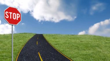 Animation of road sign and road on blue background. Travel, transport and digital interface concept digitally generated video.