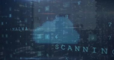 Animation of virus scanning, numbers and digital padlock over cityscape. Global network, data processing and technology concept digitally generated video.