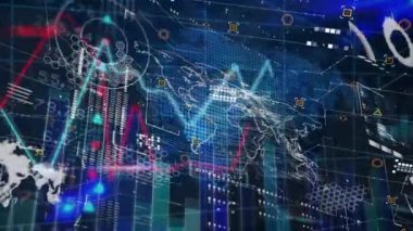 Grafikler ve dijital ekrandaki dünya haritası üzerinden entegre devrelerin animasyonu. Dijital olarak oluşturulan küresel ağ, bağlantılar, finans ve teknoloji konsepti.