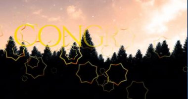 Tebrik mesajlarının ağaçları aşan hali. Küresel iş, finans, veri işleme ve dijital arayüz kavramı dijital olarak oluşturulmuş video.