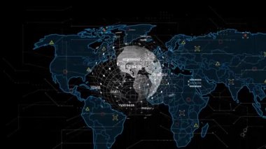 Animation of data processing with world map and globe on black background. Global technology and digital interface concept digitally generated video.