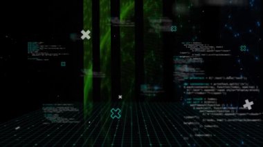 Siyah arkaplanda veri işleme ve şekillerin animasyonu. küresel iş ve dijital arayüz kavramı dijital olarak oluşturulmuş video.