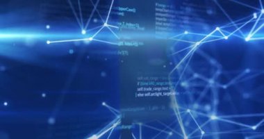 Mavi arkaplandaki veri işleme ve şekillerin canlandırılması. Küresel iş ve dijital arayüz kavramı dijital olarak oluşturulmuş video.