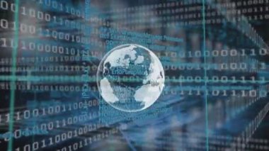 Siyah zemin üzerinde veri işleme üzerine dünyanın animasyonu. Küresel teknoloji, bilgisayar ve dijital arayüz kavramı dijital olarak oluşturulmuş video.