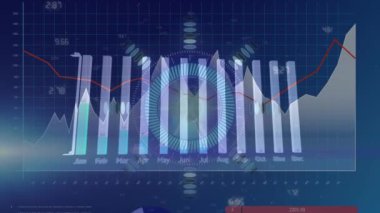 Mavi arkaplandaki veri işleme alanının taranması. Küresel teknoloji, bilgisayar ve dijital arayüz kavramı dijital olarak oluşturulmuş video.