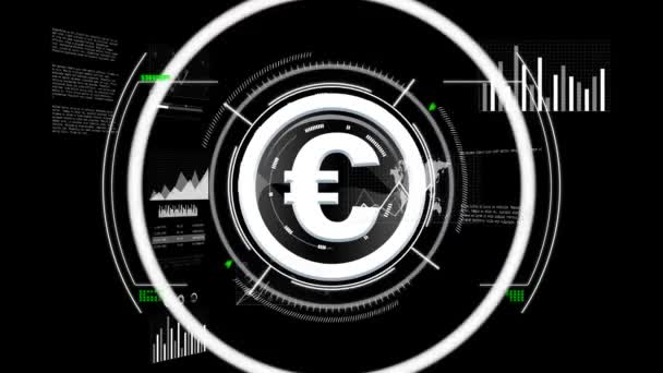 Animation Euro Symbol Data Processing Black Background Global Business Digital — Video Stock