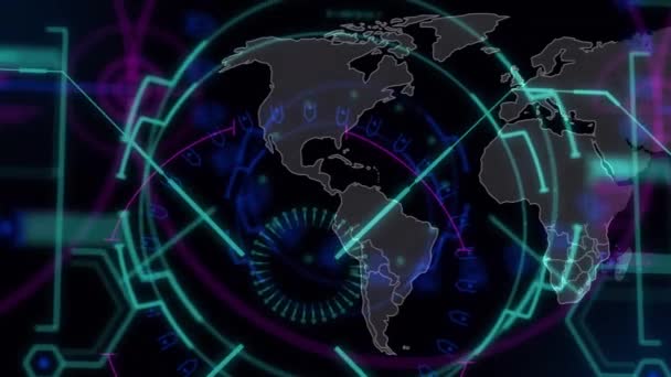 Animáció Szkennelés Világtérkép Fekete Háttér Globális Technológia Digitális Interfész Koncepció — Stock videók