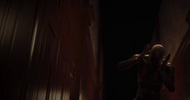 Karanlık tüneldeki canavar gibi sersemlemiş bir insan görüntüsü. Korku, korku, resim oyunları ve dijital olarak üretilen bilim kurgu konsepti.