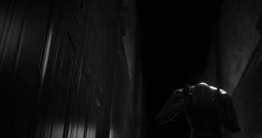 Karanlık tüneldeki canavar gibi sersemlemiş bir insan görüntüsü. Korku, korku, resim oyunları ve dijital olarak üretilen bilim kurgu konsepti.