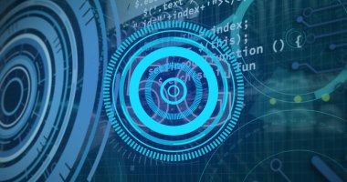 Karanlık arkaplanı tarayan dijital arayüzün görüntüsü. Küresel bilim, bağlantılar, veri işleme ve dijital arayüz kavramı dijital olarak oluşturuldu.