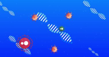 Mavi arka planda DNA ipliği ve düşen hücrelerin resmi. Küresel bilim, bağlantılar, veri işleme ve dijital arayüz kavramı dijital olarak oluşturuldu.