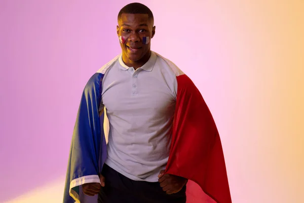 Portrait Happy African American Male Supporter Flag France Pink Lighting — Stockfoto