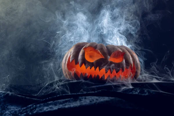 Composition Halloween Carved Pumpkin Smoke Black Background Halloween Tradition Celebration — Foto Stock