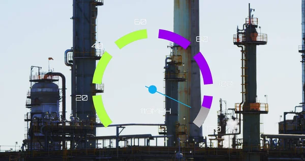 Image of speedometer over refinery. Global business, finances, data processing and digital interface concept digitally generated image.