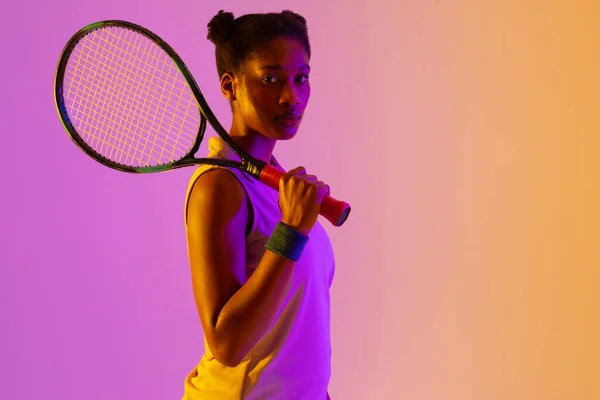 Image African American Female Tennis Player Neon Violet Yellow Lighting — Zdjęcie stockowe
