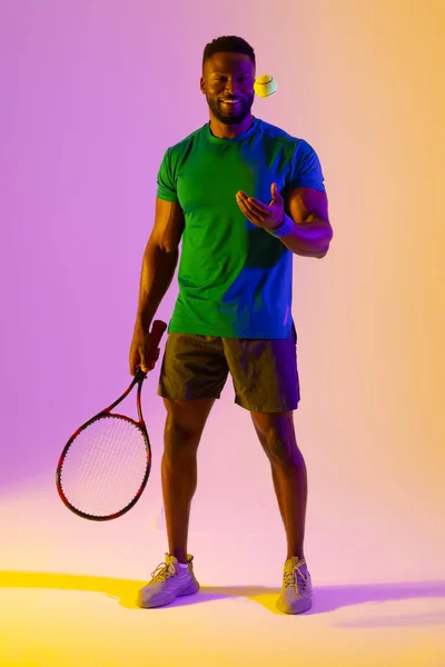 Vertical Image Happy African American Male Tennis Player Violet Yellow — Stockfoto