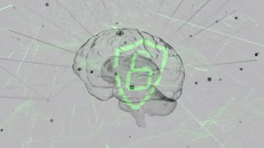 Animation of brain over digital padlock on grey background. Human biology, mind, data processing and technology concept digitally generated video.