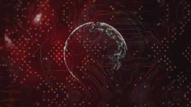 Animation of integrated circuit over globe and signals. Global network and technology concept digitally generated video.
