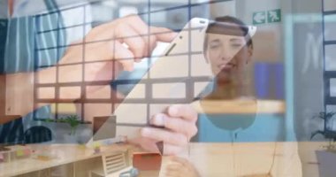 Animation of person caucasian man using tablet over smiling caucasian woman. Global business, finances, data processing and digital interface concept digitally generated video.
