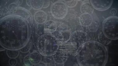 Şehirdeki bağlantılar ve saatler küresiyle veri işleme animasyonu. Küresel teknoloji ve dijital arayüz konsepti dijital olarak oluşturulmuş video.