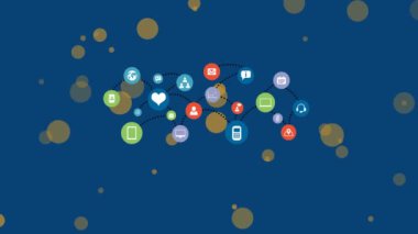 Animation of tech icons on blue background. Communication, network and technology concept digitally generated video.