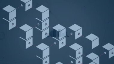 Dijital şehir ve bağlantı ağı üzerinden hareket eden saat ve küplerin animasyonu. Küresel teknoloji, bilgisayar ve dijital arayüz kavramı dijital olarak oluşturulmuş video.