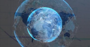 Dünya haritası ve küresi üzerinde veri işleme animasyonu. Küresel iş, bilgisayar ve dijital arayüz kavramı dijital olarak oluşturulmuş video.