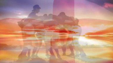 Animation of flag of englad over team of male baseball players. National sport, match and patriotism concept digitally generated video.