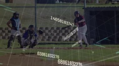 Çeşitli beyzbol oyuncuları üzerinde veri işleme animasyonu. Küresel spor, bilgisayar ve dijital arayüz kavramı dijital olarak oluşturulmuş video.