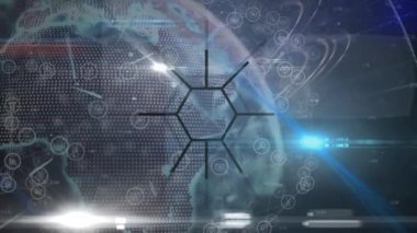 Dünya üzerindeki simgelerle bağlantı ağının animasyonu. Dijital olarak oluşturulmuş küresel bağlantılar, ağ ve dijital arayüz kavramı.