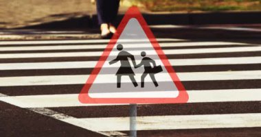 Animation of road sign and road. Travel, transport and digital interface concept digitally generated video.