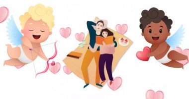 Beyaz arka planda melekler ve kalplerle battaniyede kitap okuyan beyaz bir çiftin animasyonu. Aile ve evlat edinme kavramı dijital olarak oluşturulmuş video.