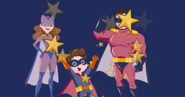 Animation of mother, father and son in superhero costumes over blue background with stars. Family and adoption concept digitally generated video.