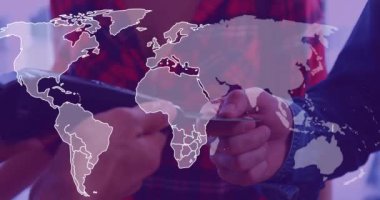 Animation of data processing with world map over diverse people paying with credit card. Global finances, retail and digital interface concept digitally generated video.