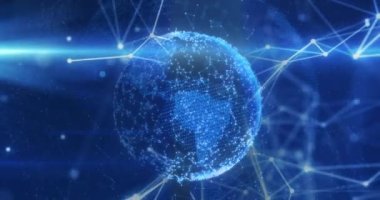 Mavi arka planda hareket eden şekillerin ve kürenin animasyonu. Küresel iş ve dijital arayüz kavramı dijital olarak oluşturulmuş video.